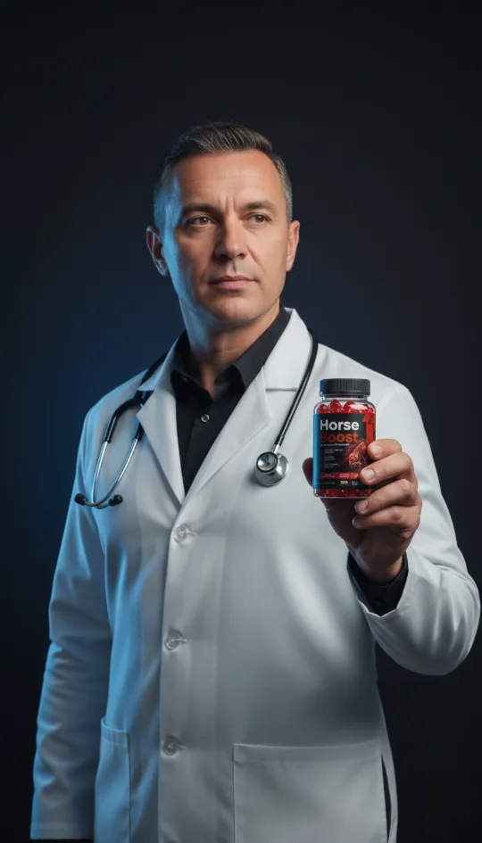 Doctor holding a bottle of Horse Boost gummies
